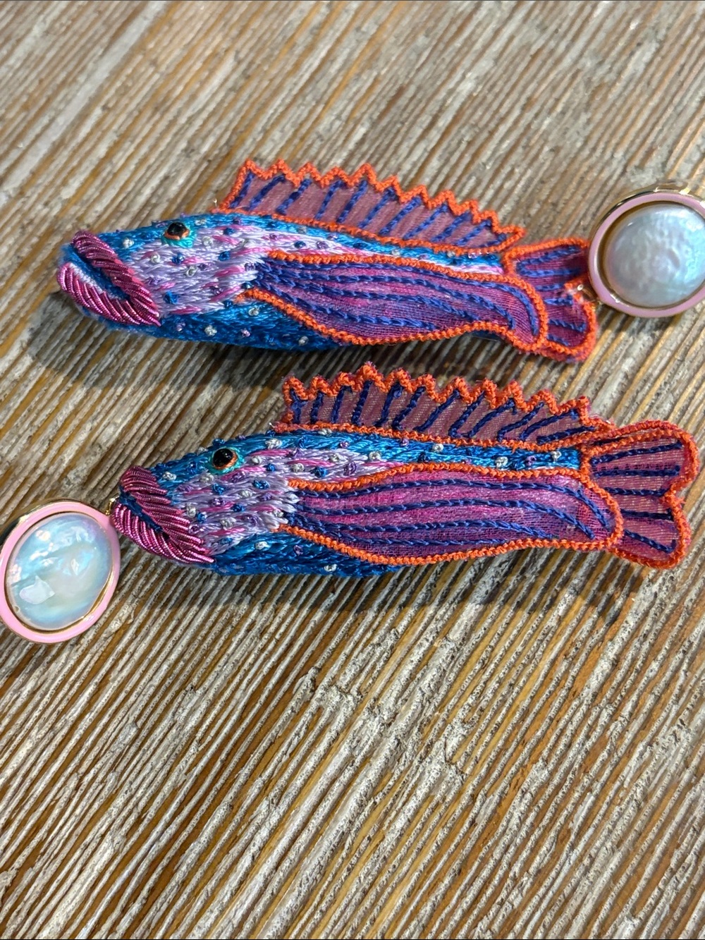 Mignonne Gavigan Colorful Fish Embroidered Drop Earrings - Pink, Purple & Blue - Picture 4 of 7